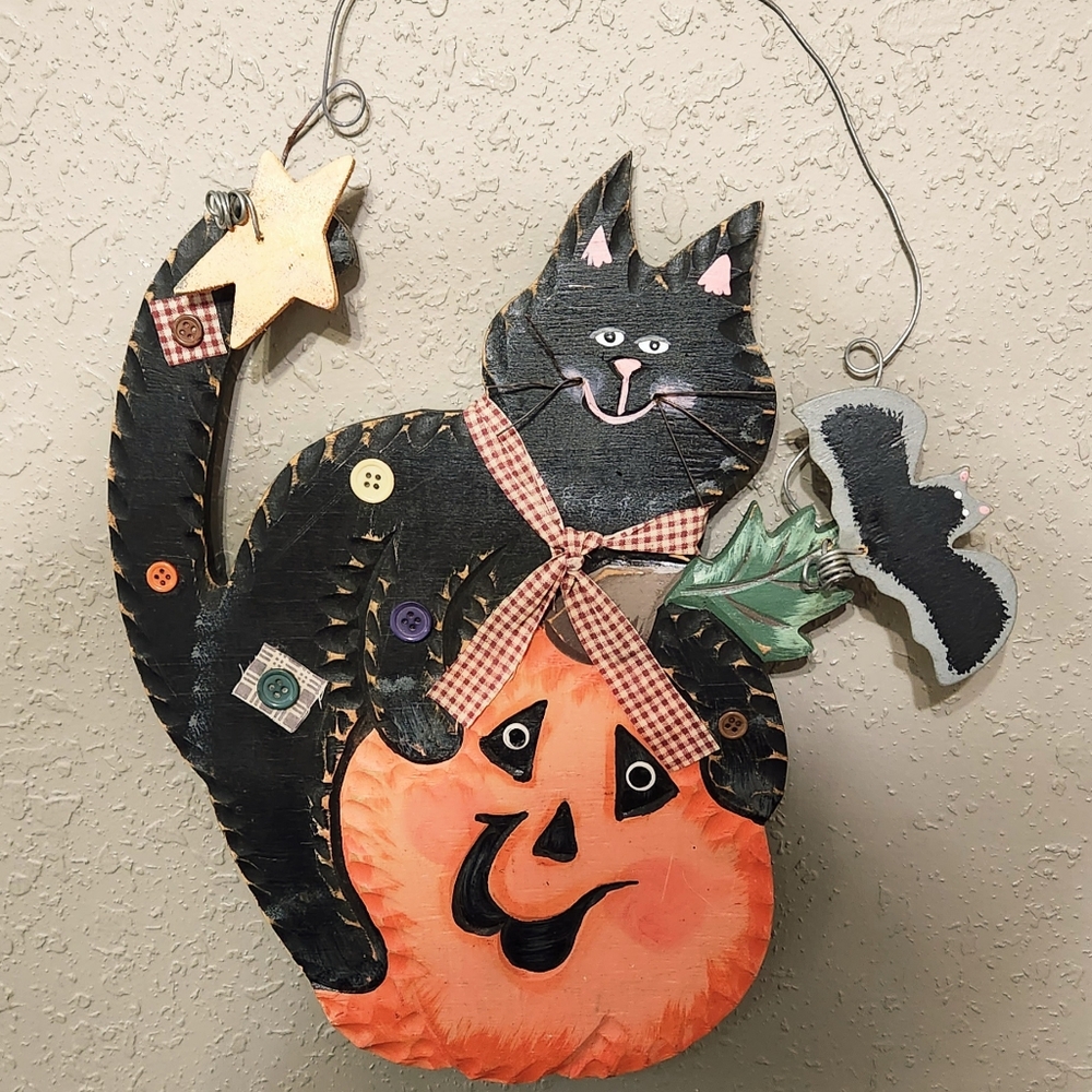 Vintage Cat on Jack-o'-Lantern wall/door hanging